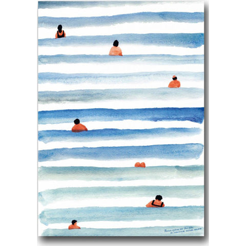 Aquarellmalerei von Schwimmern in blau-weiß gestreiftem Wasser, von oben gesehen.